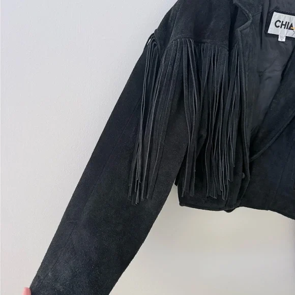 Vintage 1980s Womens Black Suede Leather Jacket Size S Fringe Biker Western Goth - Picture 3 of 10